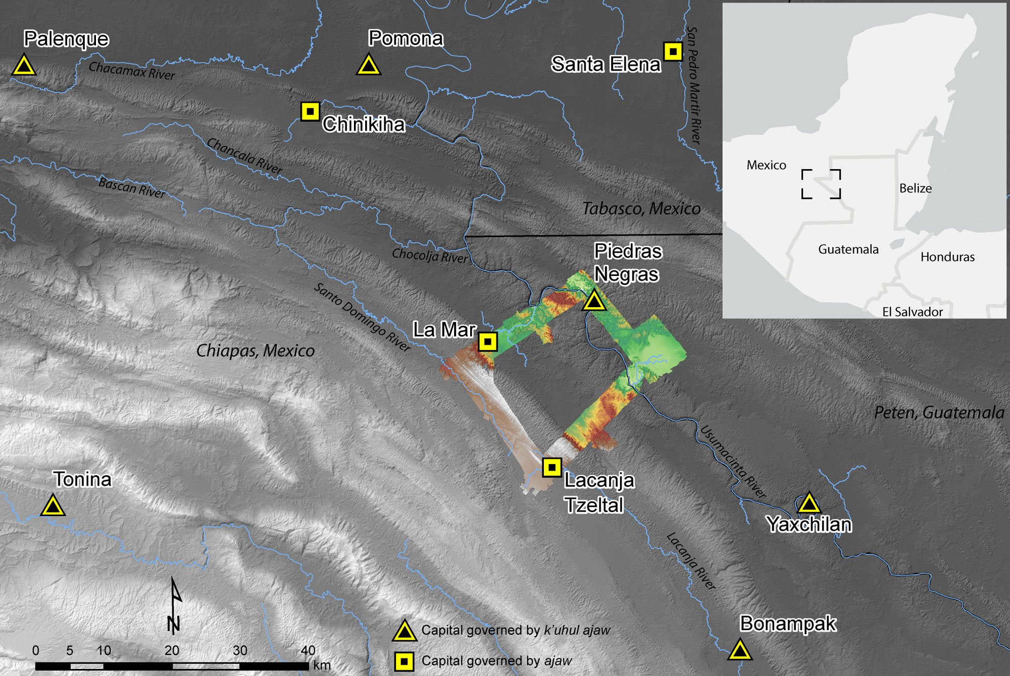 Regional map of Chiapas, Mexico, and Peten, Guatemala, showing the area surveyed by lidar (color transect) and the location of Classic-period Maya capitals.