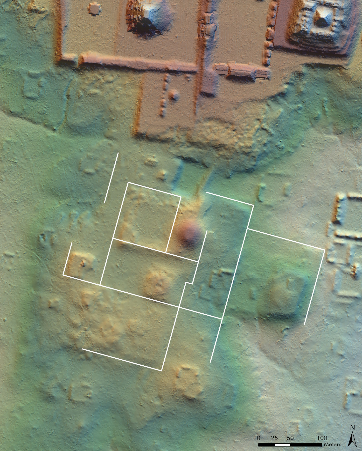 Houston and colleagues discovered that the grid plan of Teotihuacan's citadel, shown in white outline, closely matches that of the newly discovered building complex at Tikal.