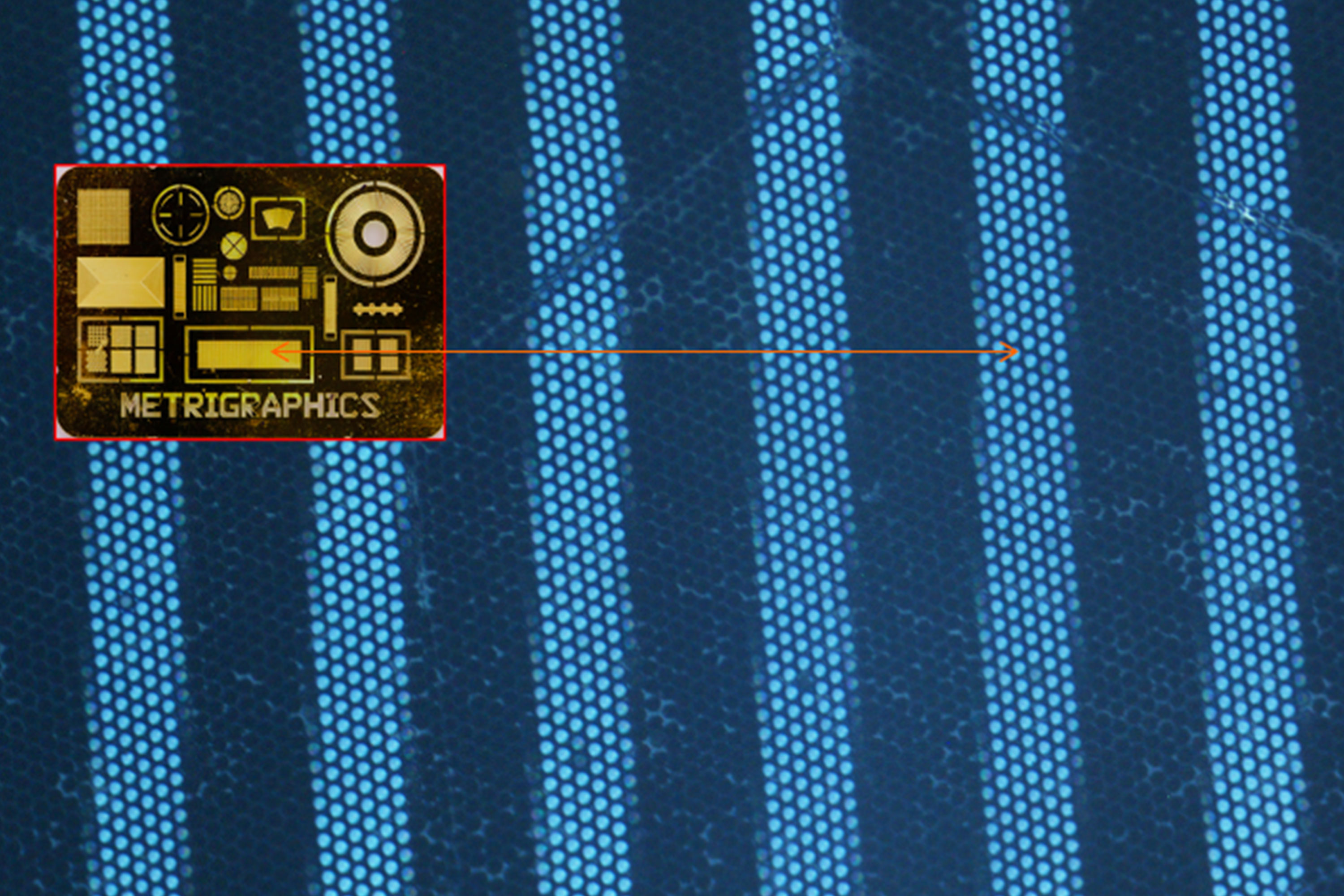 Image of an x-ray scintillator detector showing the definition of a 100-micron test pattern. The standard optical test pattern is shown in the inset.