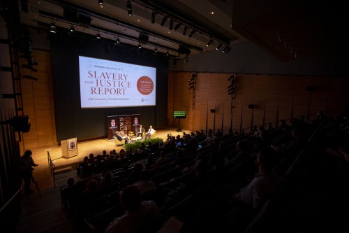 Anthony Bogues (left) moderated a panel of history professors from Brown, Georgetown, and Stanford who discussed the Slavery and Justice Report’s origins, its impact, and the question of reparations.
