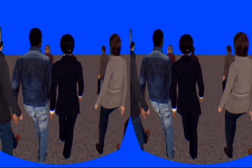 In a study of collective behavior, participants wore virtual reality headsets and walked with animated three-dimensional virtual humans as researchers tracked their movements and paths.