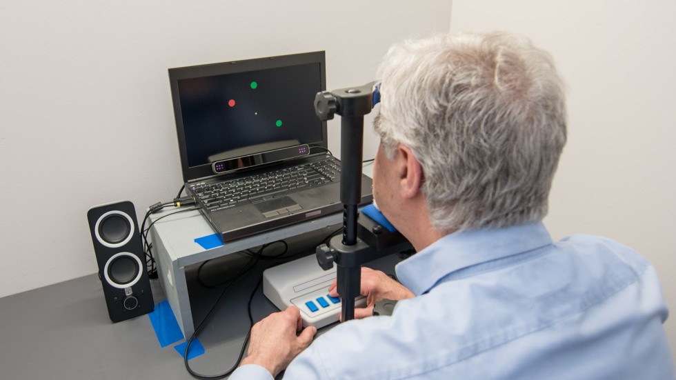 William Heindel demonstrates a cognitive test he developed with colleague Elena Festa, senior lecturer in cognitive, linguistic, and psychological studies, that can reveal whether cognitive damage is happening in the brain long before symptoms of neurological disease appear.